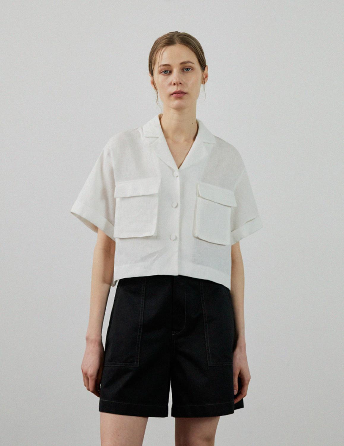 [Woman]Open Collar Crop Linen Short Sleeve Shirt_White