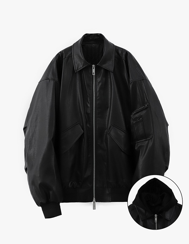 Buffing Leather Overfit MA-1 Hood Jacket_Black