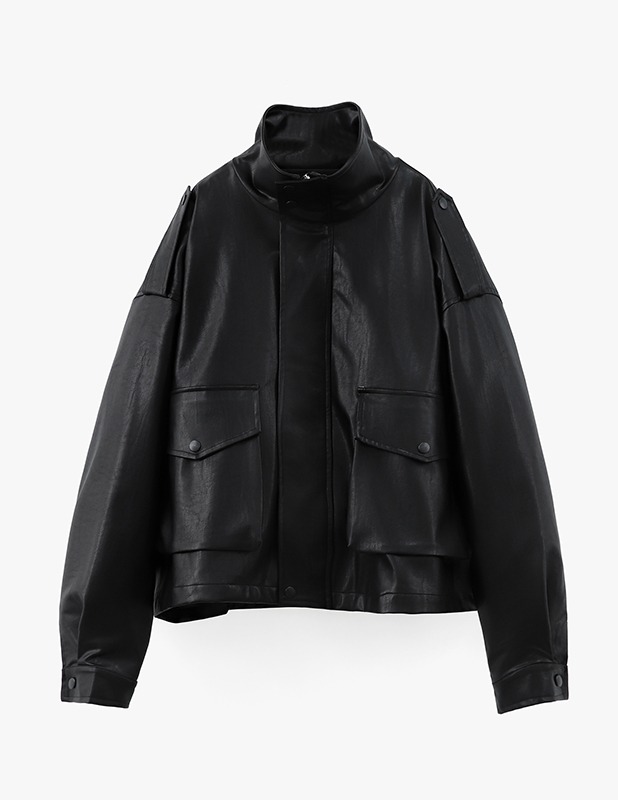 [Woman]Buffing Leather Wide Track Jacket_Black