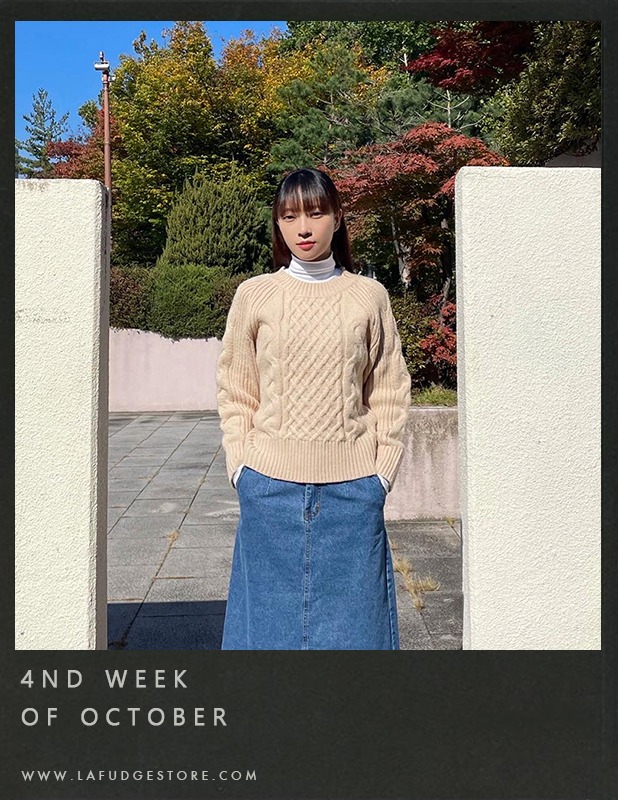 Cable crew neck wool knit_Sand Beige이현정