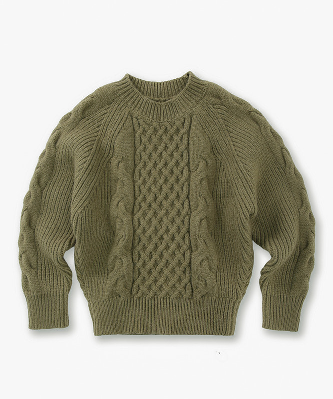 Cable crew neck wool knit_Olive Khaki