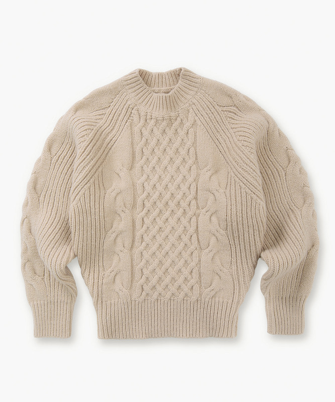 Cable crew neck wool knit_Sand Beige