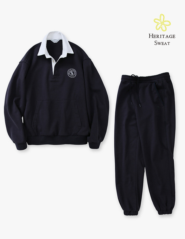 Heavy Over Logo Rugby Sweat Shirt jooger Set Up_Midnight Blue