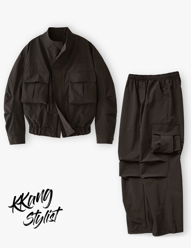 [KKANG STYLIST CO-LAB]Windshell Big Pocket Crop Jacket&amp;Parasuit Pants Set-up_Tan Brown