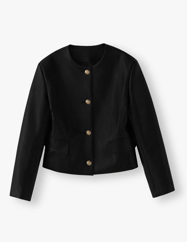 [BORA CLAIRE X LAFUDGE FOR WOMAN]Buffing Leather Round Non Collar Jacket_Black