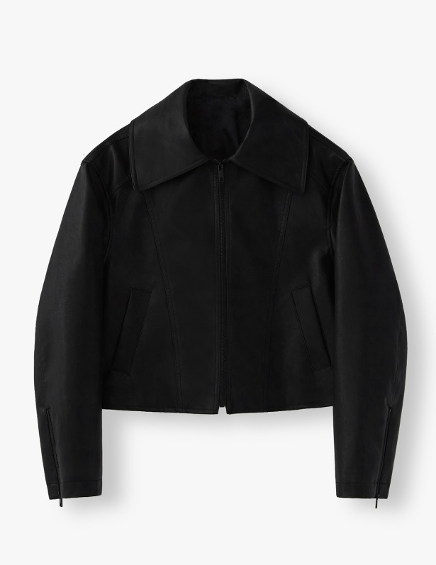 [Woman]Buffing Leather Wide Collar Crop Jacket_Black