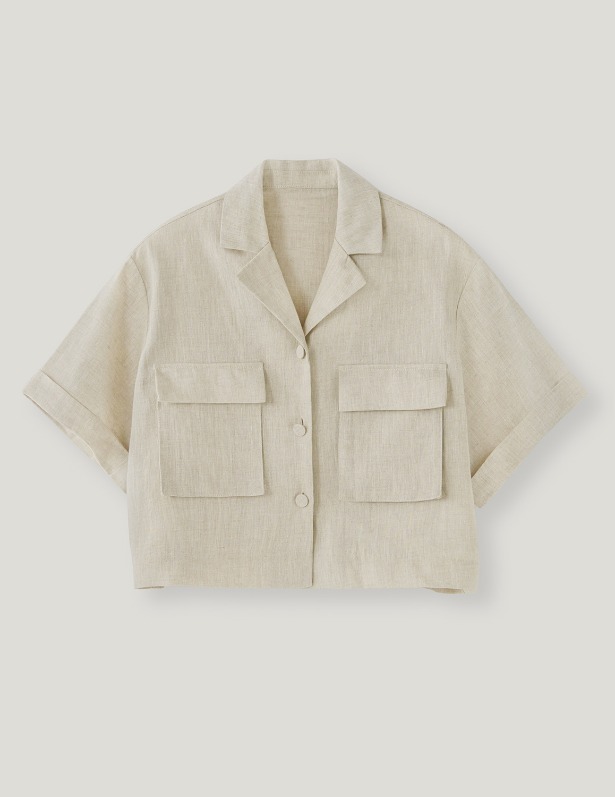 [Woman]Open Collar Crop Linen Short Sleeve Shirt_Oatmeal