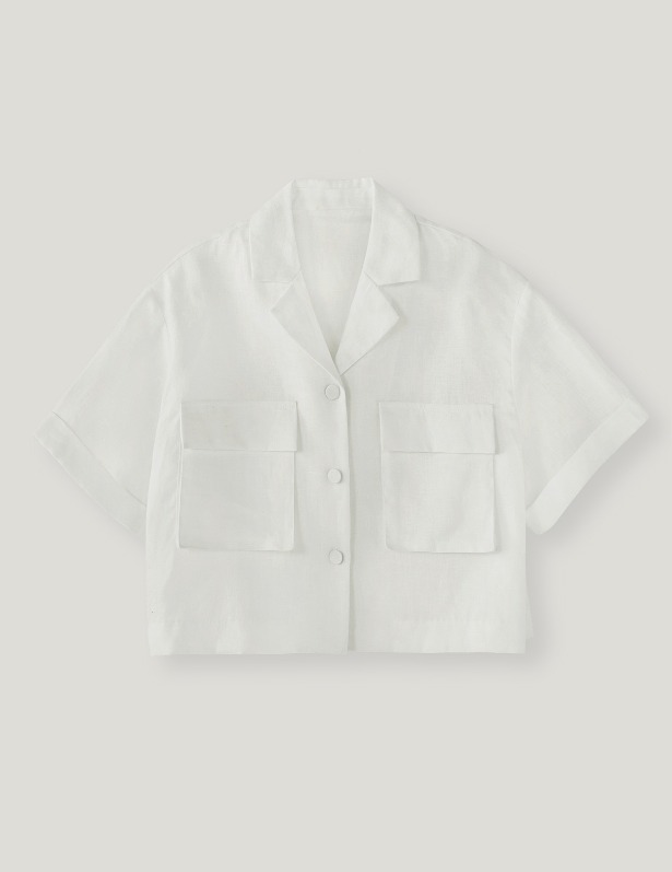 [Woman]Open Collar Crop Linen Short Sleeve Shirt_White
