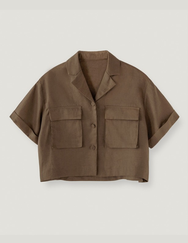 [Woman]Open Collar Crop Linen Short Sleeve Shirt_Brown
