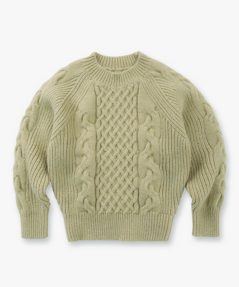 Cable crew neck wool knit_Yellow Green
