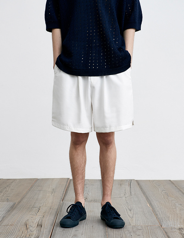 Wide One Tuck Linen Half  Pants_Off White