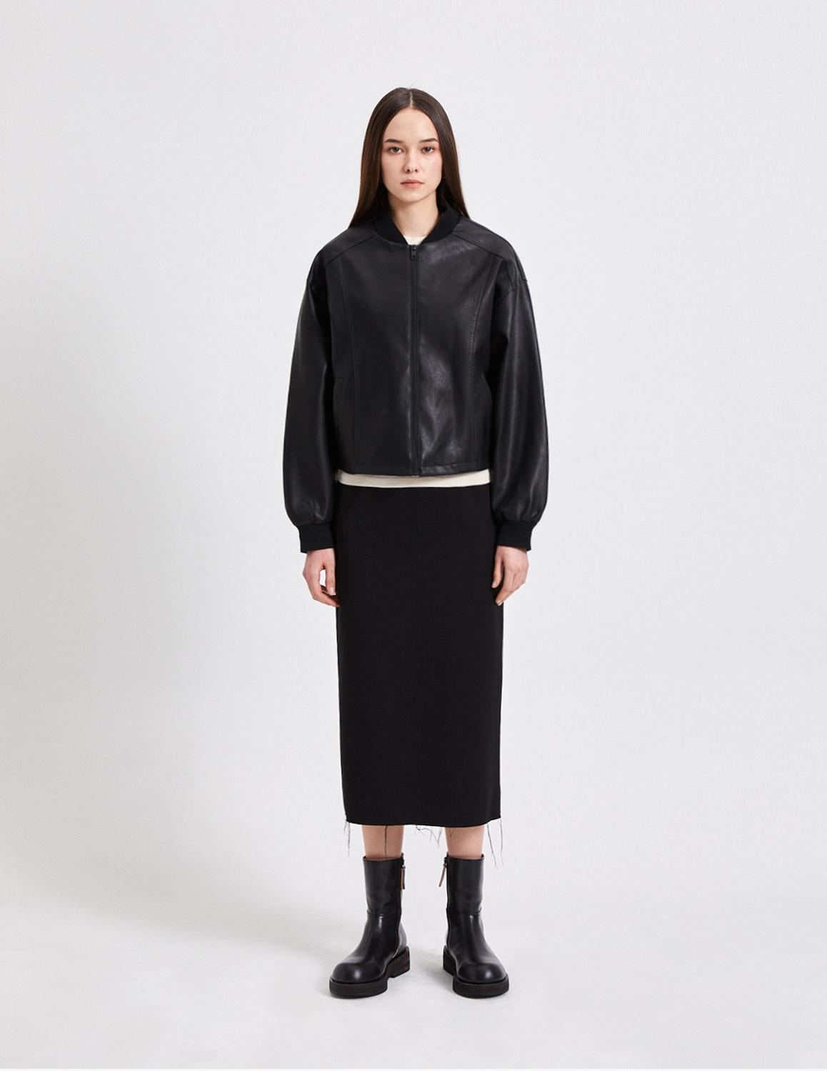 [Woman]Buffing Leather Minimal Varsity Jacket_Black