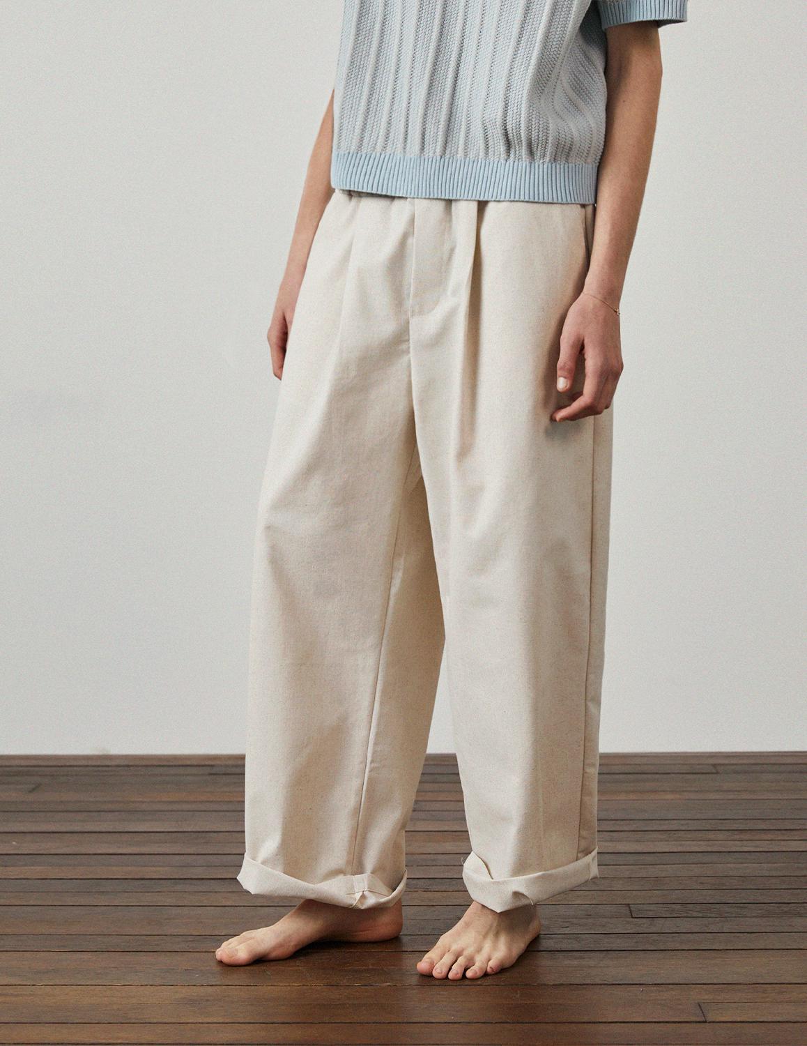 Classic Tapered Wide One Tuck Linen Pants_Oatmeal