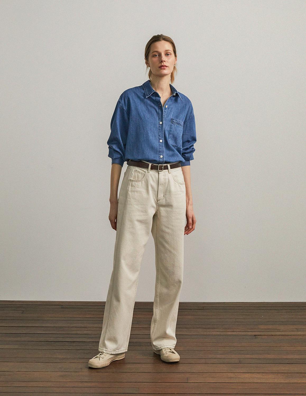 [Woman]Classic Semi Overfit Washing Denim Shirt_Middle Blue