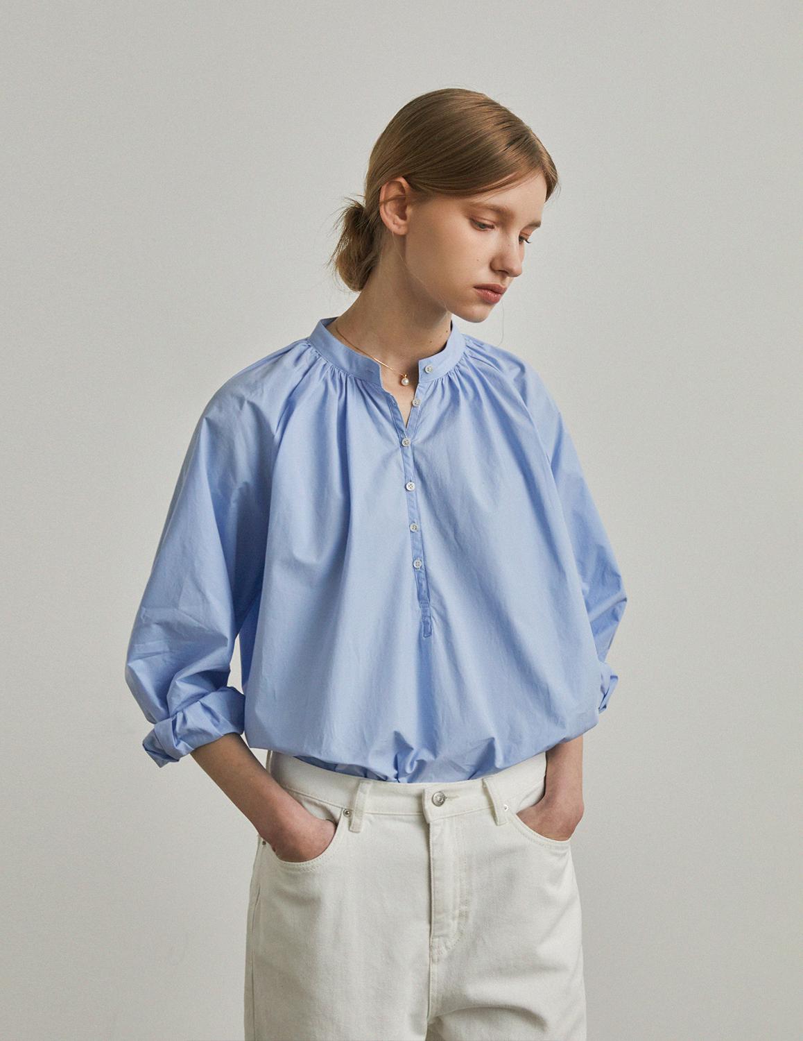 [Woman] Half Open Shirring Cotton Shirt_Royal Blue