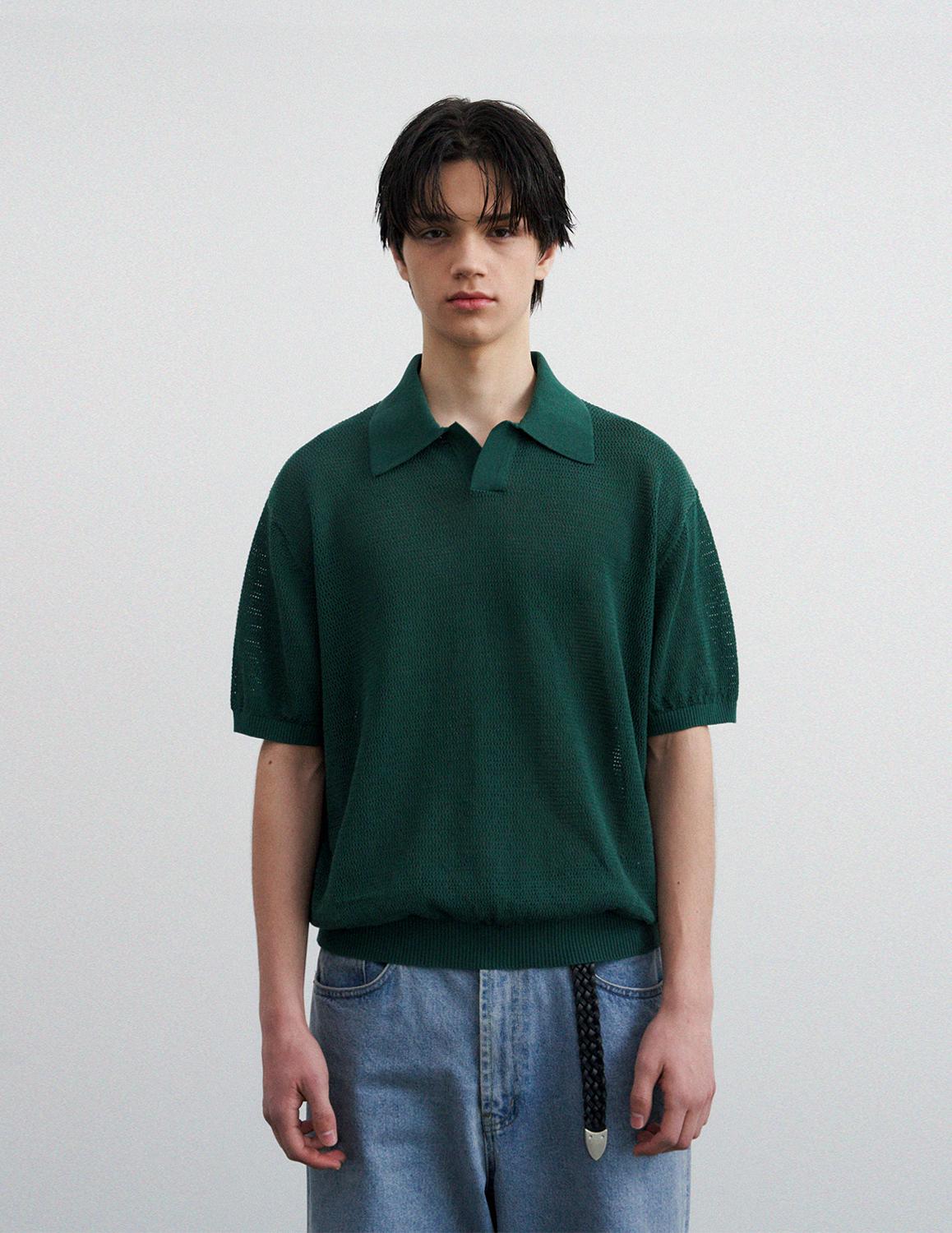 Scasi Open Collar Short Sleeve Knit_Deep Green