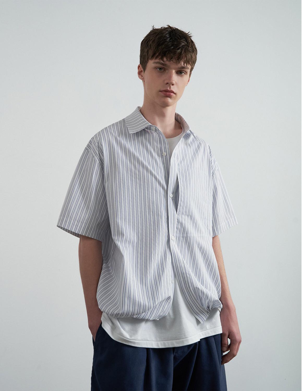 Ice Cotton String Short Sleeved Shirt_Blue Stripe